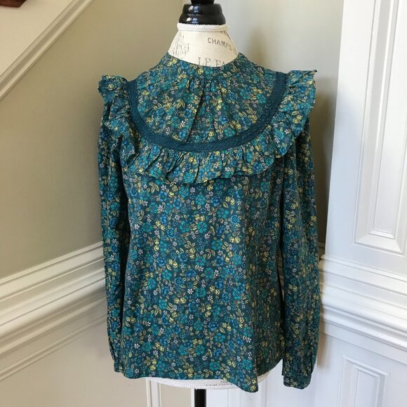 Banjanan Floral Print Blouse Top Shirt Womens Small Green Floral Long Sleeve - Picture 5 of 13